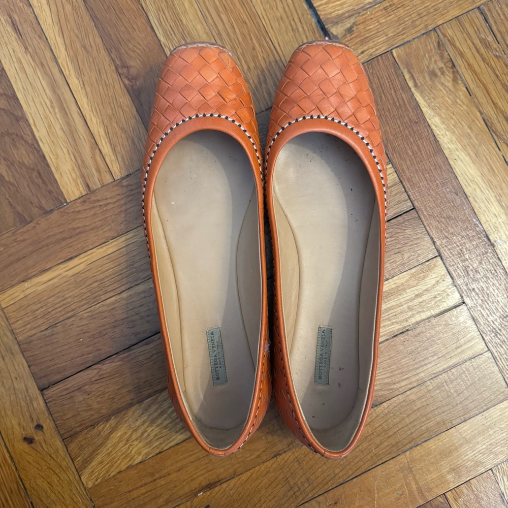 Bottega Veneta Orange Woven Leather Ballet Flats